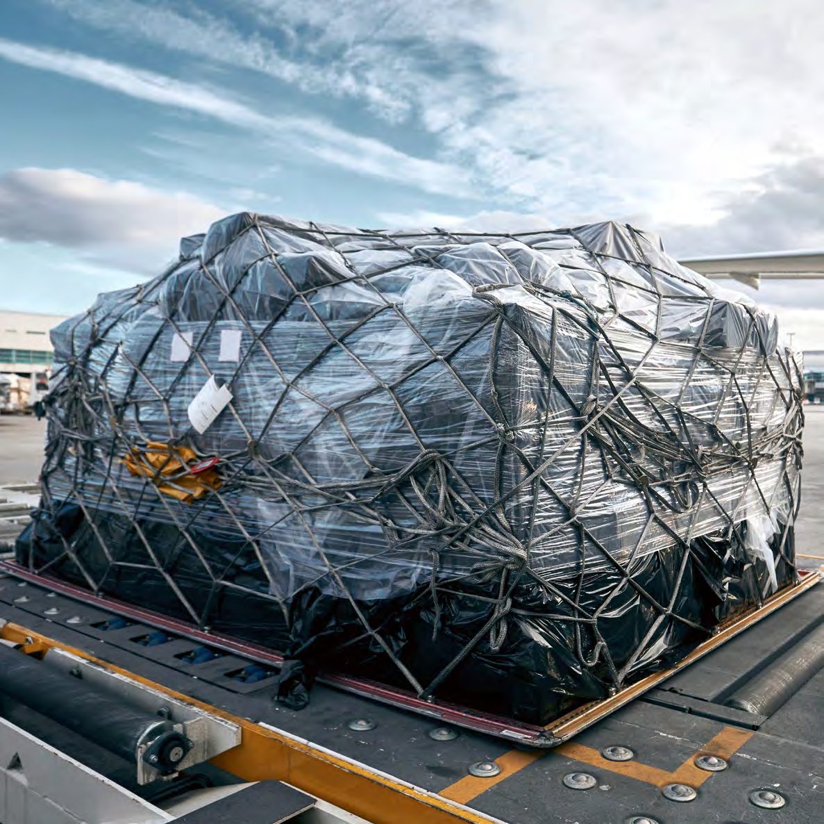 Oversized cargo pallet secured under netting on an aircraft loader