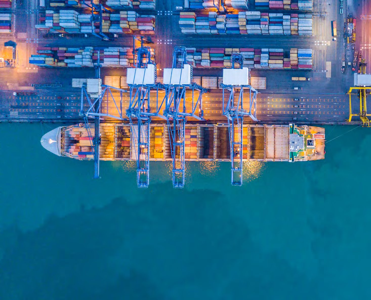 Aerial view of a container terminal with gantry cranes at Jebel Ali